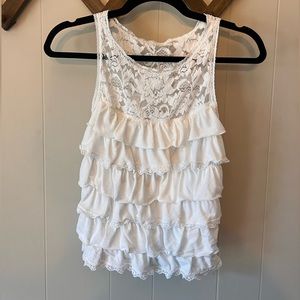 Ruffle and lace tank in white; A&F